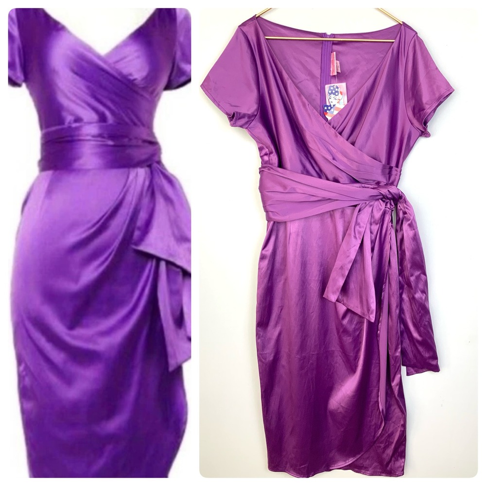 Pinup Couture Purple Satin Wrap Midi Dress